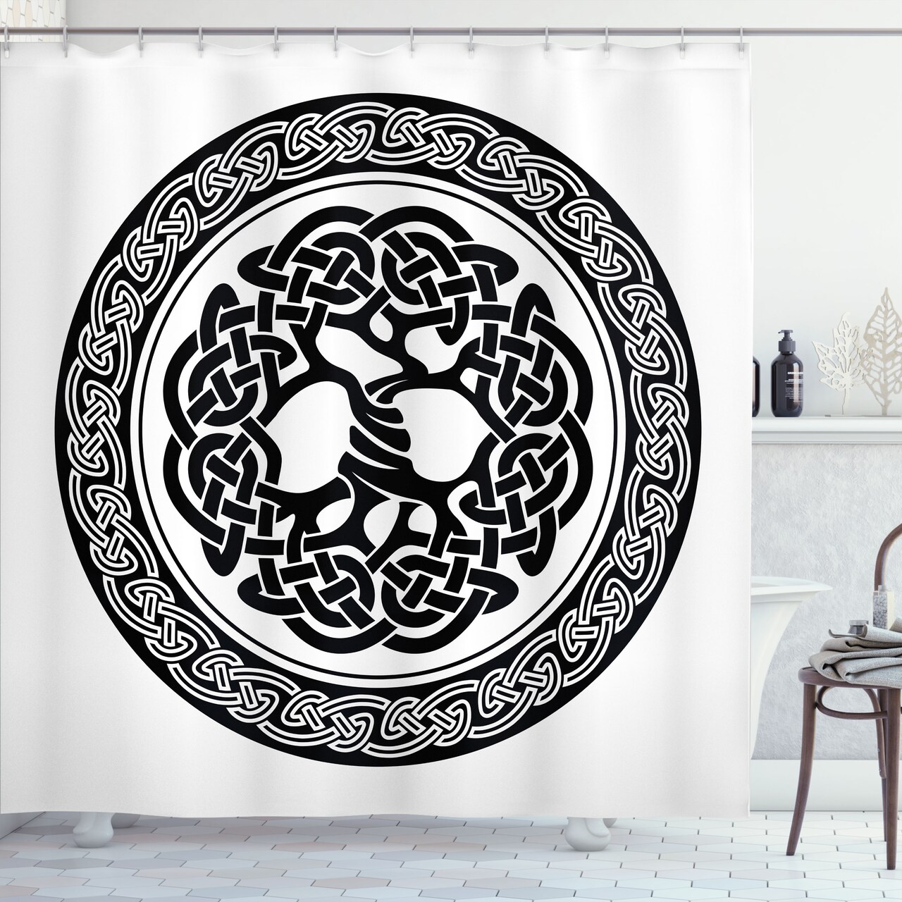 Ambesonne Celtic Shower Curtain, Native Celtic Tree of Life Ireland Early Renaissance Modern Design, Cloth Fabric Bathroom Decor Set with Hooks, 69" W x 75" L, Black White